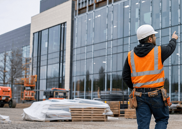Construction Worker pointing at building